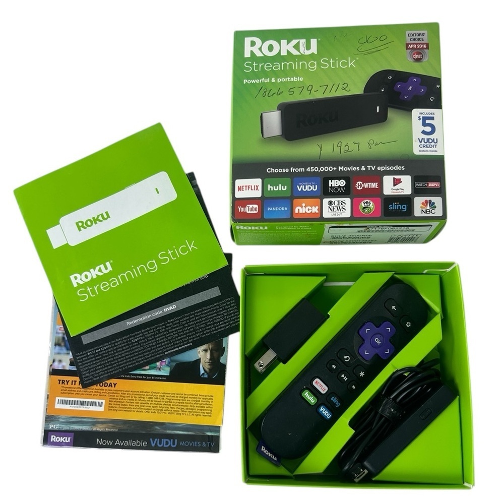 Roku Streaming Stick 3600RW Remote AC Adapter and HDMI Cable in Original Box